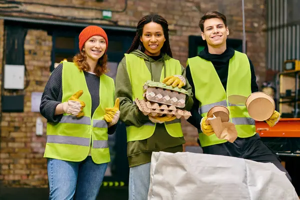 Young volunteers in safety vests and gloves sorting trash together — Foto stock