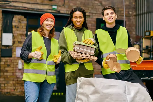 Young volunteers in safety vests and gloves sorting trash together — стокове фото