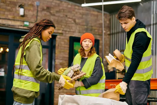 Young volunteers in safety gear collaborate to sort trash for a greener future. — стокове фото