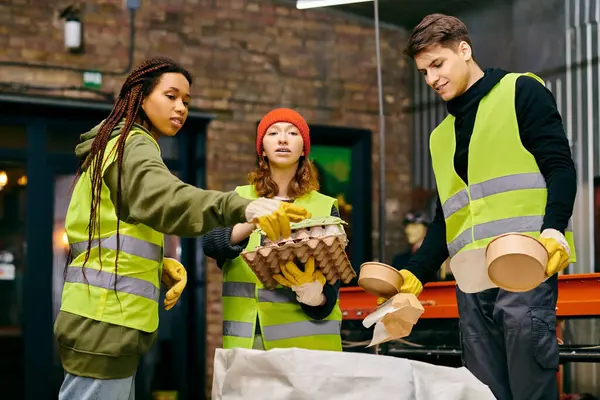 A group of eco-conscious young volunteers in gloves and safety vests stand together, sorting trash for recycling. — Stock Photo