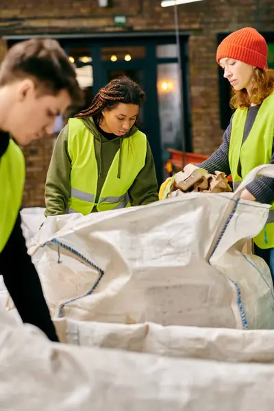 Young volunteers in gloves and safety vests sort trash with curiosity and determination. — Stock Photo