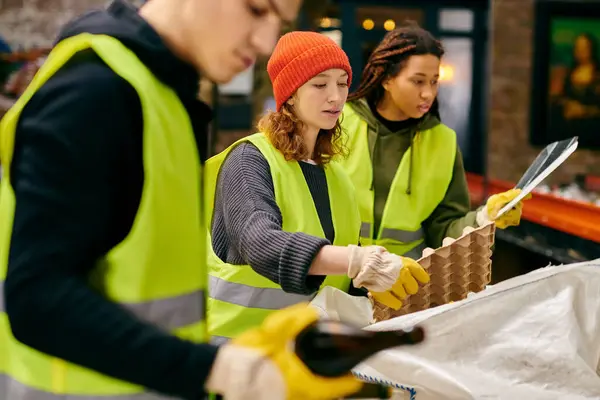 Young volunteers in gloves and safety vests sorting trash together at a table, displaying eco conscious actions. - foto de stock