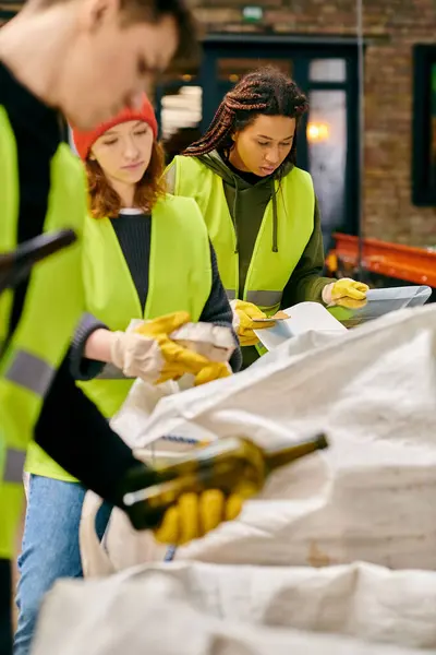 Young volunteers in gloves and safety vests sorting trash, meeting to discuss eco-conscious efforts around a table — Stock Photo