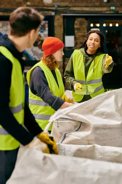 Young volunteers in gloves and safety vests stand around, sorting through bags of trash together. — Stock Photo