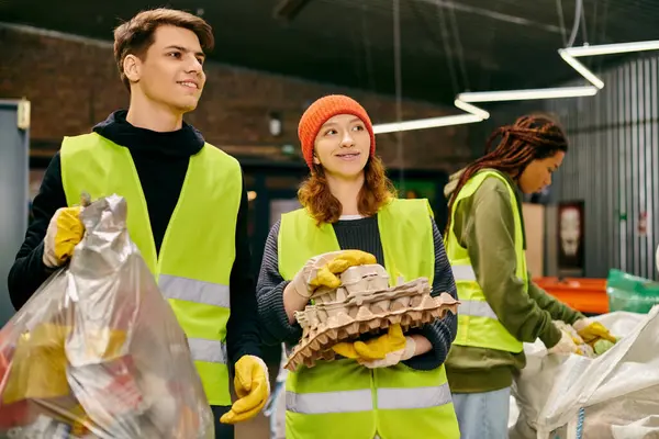 A man and a woman, eco-conscious volunteers in safety vests, sort trash together - foto de stock