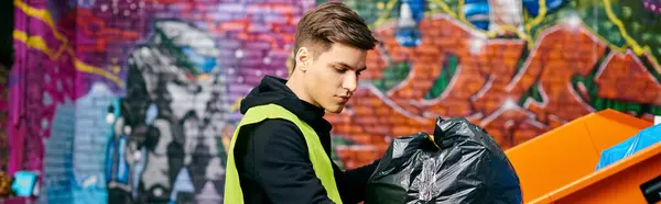 A young man in a yellow safety vest holding a black bag, eco-conscious volunteer sorting trash. — Foto stock