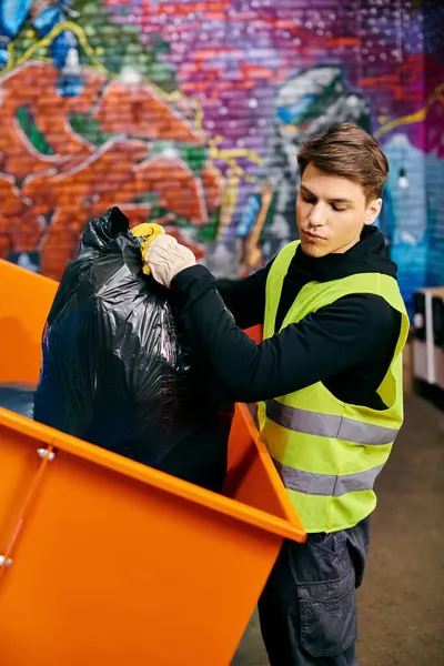 A young volunteer in a yellow vest carefully holds a trash can while sorting waste — стокове фото