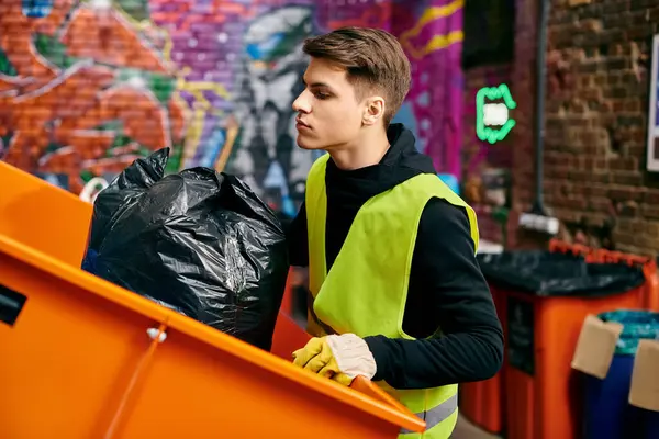 A young man in a yellow vest holds a black bag, volunteer sorting trash. — Photo de stock