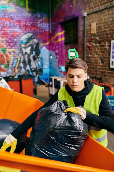 Young eco-conscious volunteer in yellow vest holding black bag, sorting trash — Stock Photo