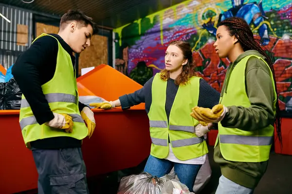 Young volunteers, clad in gloves and safety vests, come together to sort trash as a team. - foto de stock