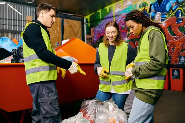 Young volunteers in safety vests and gloves sorting trash together around a vibrant red bin. — Foto stock