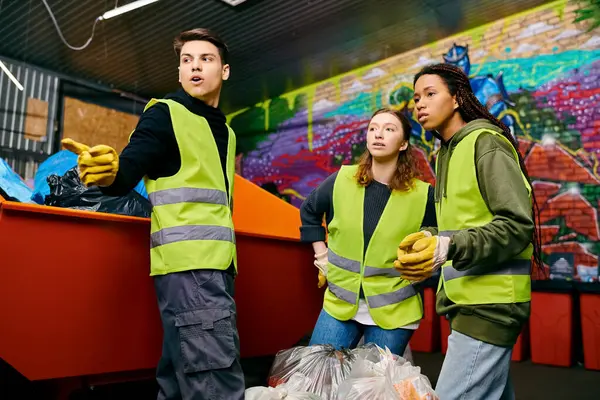 A group of young volunteers in gloves and safety vests standing together, sorting trash for a cleaner environment. — Photo de stock