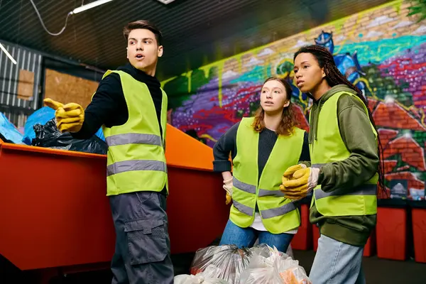 A group of young volunteers in gloves and safety vests standing together, sorting trash for a cleaner environment. — Fotografia de Stock