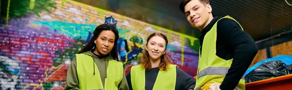 Young volunteers in gloves and safety vests sort trash together, showing their eco-conscious commitment. - foto de stock