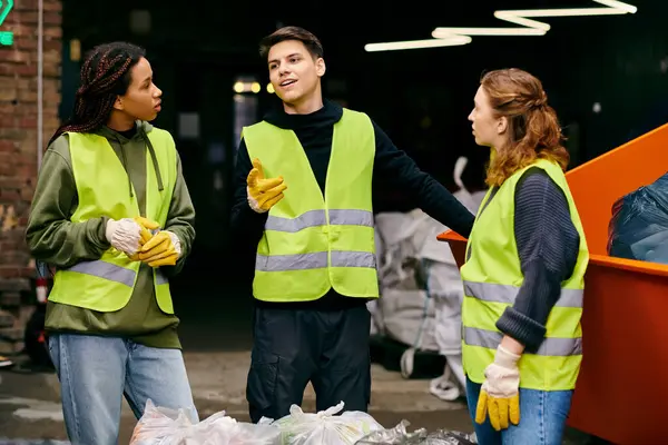 A group of eco-conscious young volunteers wearing gloves and safety vests sort through a pile of garbage together. — Stock Photo
