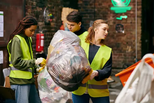 Young volunteers in gloves and safety vests sort through a pile of garbage together, showing solidarity in environmental activism. — стокове фото