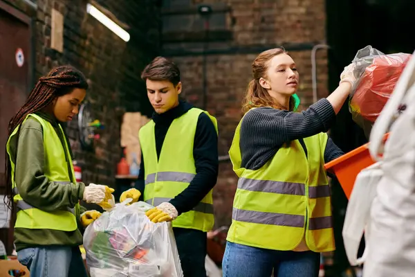 Young volunteers in safety vests and gloves stand together, sorting trash as eco-conscious individuals. - foto de stock