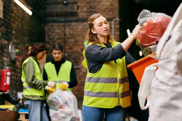 A young woman in a yellow vest holds a bag of garbage, part of a group of eco-conscious volunteers sorting trash. - foto de stock