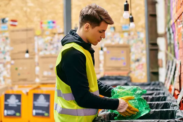 A young eco-conscious man in a yellow vest sorting garbage while volunteering with others in gloves in an outdoor park. — Stock Photo