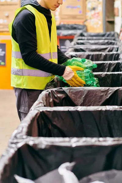 A young volunteer in a yellow vest diligently picks up trash, contributing to a clean environment. — стокове фото