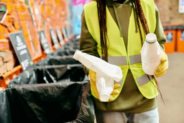 A young woman with dreadlocks holds a bottle and plastic container while volunteering to sort trash with others. — Stock Photo
