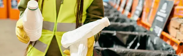 A young woman in a yellow safety vest participating in a trash sorting initiative — Stock Photo