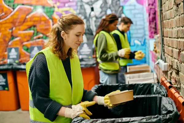 Young volunteers in green vests and yellow gloves sorting trash. Eco conscious individuals making a difference. — стокове фото