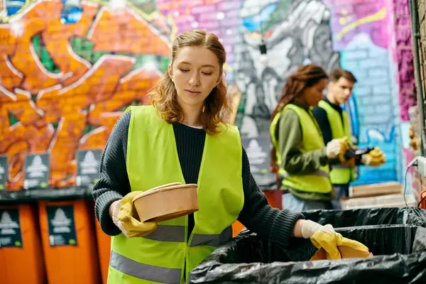 Young volunteer sorts trash with eco-conscious peers in yellow safety gear. — Stock Photo