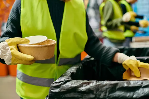 A young volunteer in a safety vest holds a bowl of food, embodying eco-conscious practices in community waste sorting efforts. — Fotografia de Stock