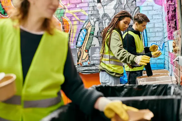 Young volunteers in gloves and safety vests sort trash together with eco-conscious dedication. — стокове фото