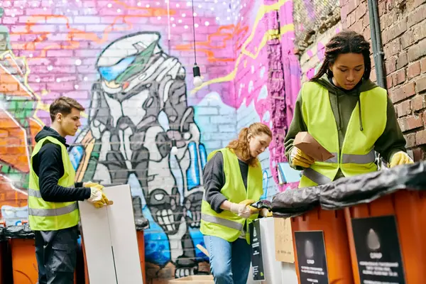 Young volunteers in gloves and safety vests work together to sort trash into a bin during a community clean-up event. — Fotografia de Stock