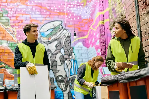 Young volunteers in safety vests and gloves sort trash together in front of a wall. — Stock Photo