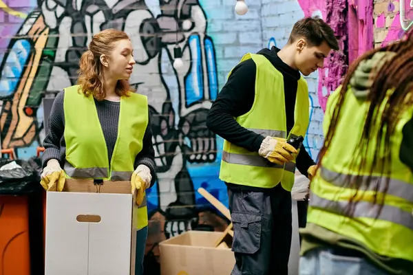 Young volunteers in gloves and safety vests embrace in front of a vibrant wall adorned with graffiti. — Stock Photo