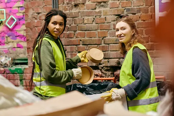 Two young female volunteers in safety vests and gloves sorting through trash together. — Photo de stock