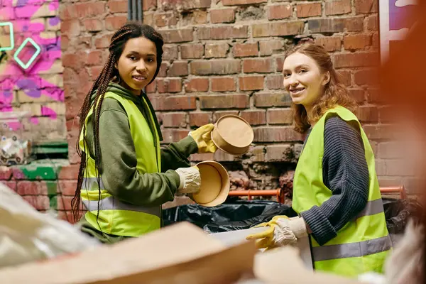 Two young female volunteers in safety vests and gloves sorting through trash together. — стокове фото