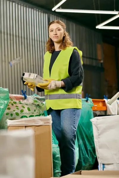 A young volunteer in a yellow vest and gloves stands in a warehouse, sorting waste as part of an environmentally conscious effort. — Stock Photo