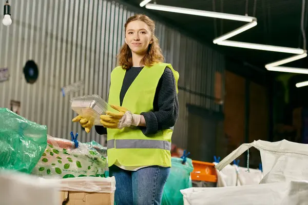 A young volunteer in a yellow vest is holding bananas while sorting waste, showcasing eco-conscious actions. — Stock Photo