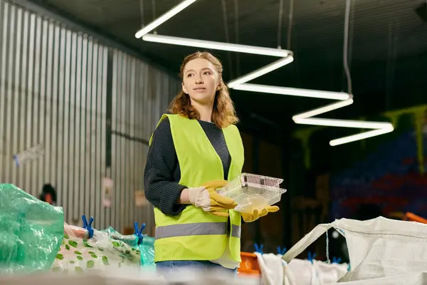 A young volunteer in a yellow vest holding a bowl of food, showcasing her eco-conscious efforts in waste sorting. — Stockfoto