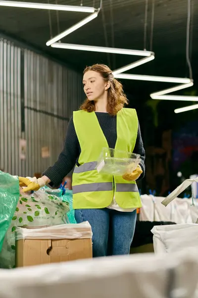 Young volunteer in safety vest holding a bowl of food, sorting waste for eco-conscious practices. — Stockfoto
