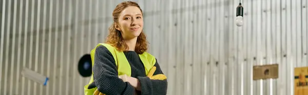 A young volunteer in a safety vest and gloves sorts waste in a warehouse, displaying eco-conscious values. — Stock Photo