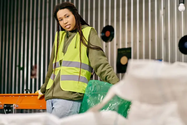 A young volunteer in a safety vest stands next to a pile of plastic bags, sorting waste to protect the environment. — Fotografia de Stock