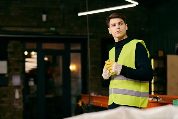 Young eco-conscious volunteer in yellow safety vest sorting waste in a warehouse. — Stock Photo
