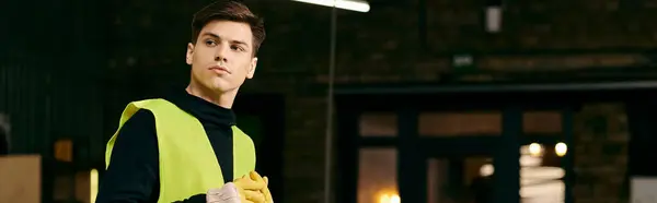 Young volunteer sorts waste in front of building, wearing gloves and a yellow safety vest. — Stock Photo