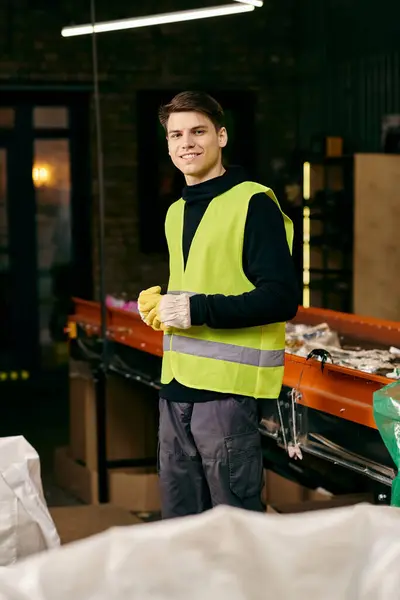 A young volunteer in gloves and a safety vest sorts waste in a warehouse, practicing eco-conscious actions. — Stock Photo