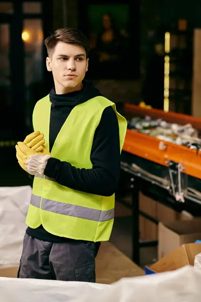 Young volunteer in yellow safety vest, gloves, sorting waste — Stock Photo