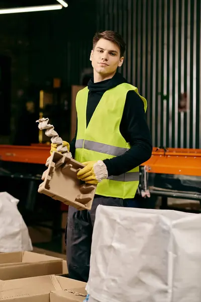 A young volunteer in gloves and safety vest holding a box in a warehouse while sorting waste. — Stock Photo