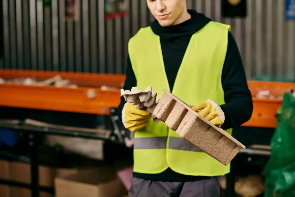 A man in a yellow vest and gloves sorts waste on a piece of cardboard, promoting eco-conscious practices. - foto de stock