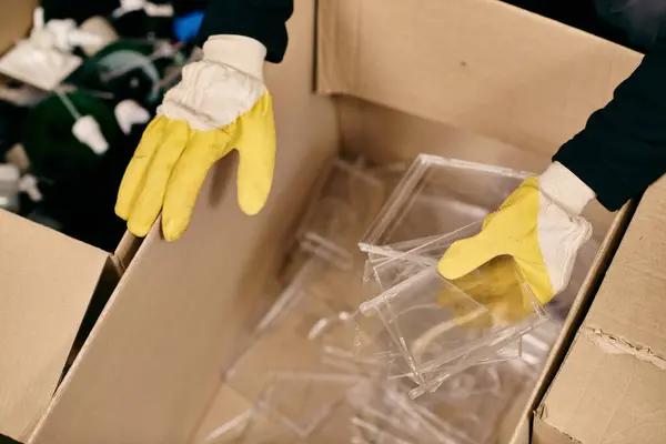 A young volunteer in yellow gloves and safety vest sorts waste by holding a plastic. — Photo de stock