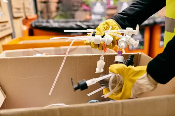 A young volunteer in yellow gloves and safety vest sorts waste while holding a box. — Stock Photo