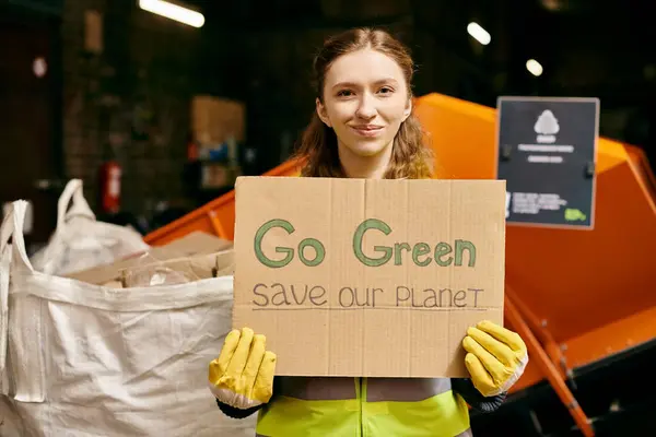 A young volunteer in gloves and safety vest advocates for environmental action by holding a Go Green Save Our Planet sign. — Stockfoto